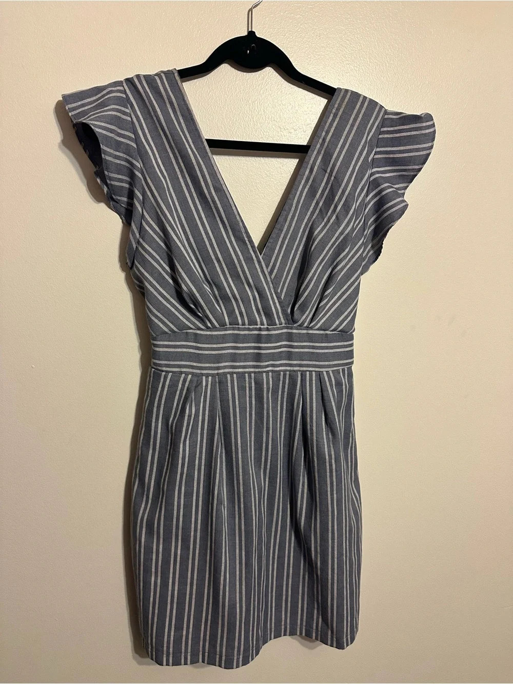 She + Sky Blue and White Striped V-Neck Mini Dress